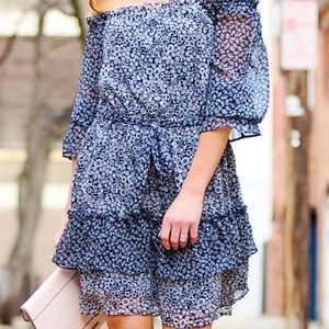 NWT Loft off shoulder Ruffle & waist tie layered floral dress